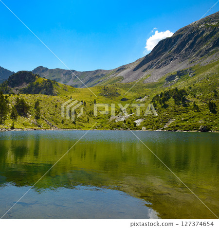 Picturesque lake high in the mountains against the backdrop of bright sky. Picturesque lake high in the mountains against the backdrop of bright sky. 127374654
