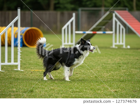 Border collie dog training in an agility course with obstacles and colorful equipment in the background 127374676