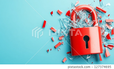 Red padlock surrounded by shattered glass pieces on a blue background symbolizing security breach Red padlock surrounded by shattered glass pieces on a blue background symbolizing security breach 127374695