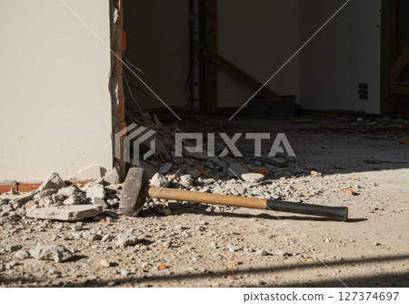 Sledgehammer resting on debris in a construction site with broken wall and scattered materials 127374697