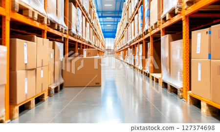 Warehouse storage facility with organized boxes on pallets and bright overhead lighting Warehouse storage facility with organized boxes on pallets and bright overhead lighting 127374698