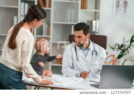 Having consultation. With baby and mother. Doctor in formal clothes is working in the cabinet Having consultation. With baby and mother. Doctor in formal clothes is working in the cabinet 127374707