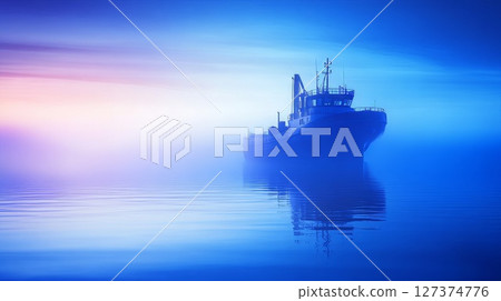 Cargo ship navigating through foggy waters at dawn, reflecting colors of sunrise in the background 127374776