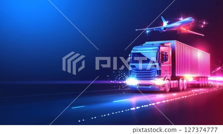 Truck transporting cargo on highway with airplane flying overhead in vibrant night scene 127374777