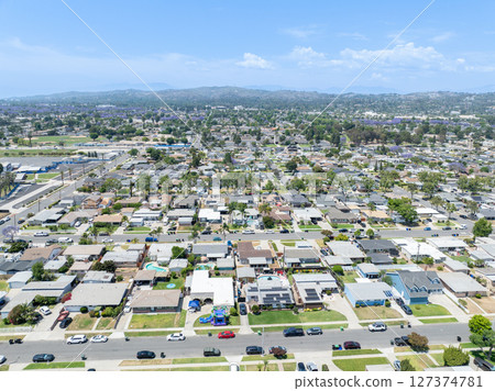 Day time aerial view of the Uptown area of Whittier, California. 127374781