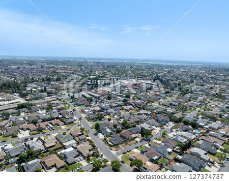 Day time aerial view of the Uptown area of Whittier, California. 127374787