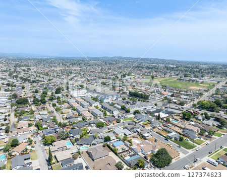 Day time aerial view of the Uptown area of Whittier, California. 127374823