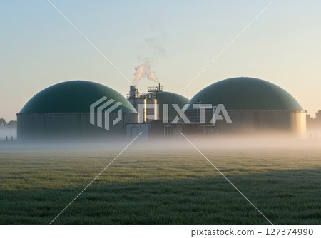 Biogas plant transforming organic waste into renewable energy in agricultural landscape 127374990