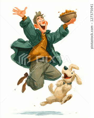 Joyful moment of man celebrating with dog over a bowl of dog food 127375041