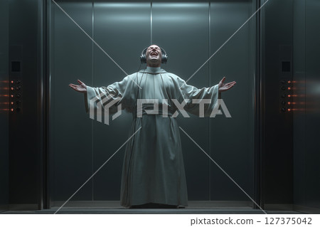 Joyful priest enjoying music while dancing in an elevator at sunrise 127375042