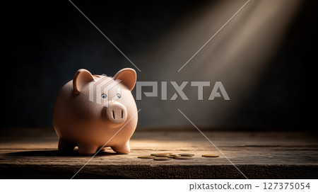Bright spotlight reveals a charming piggy bank on a rustic wooden desk 127375054