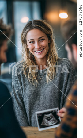 Joyful moments shared as a pregnant woman shows her ultrasound to friends Joyful moments shared as a pregnant woman shows her ultrasound to friends 127375066