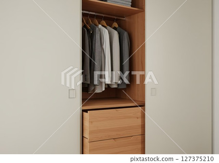 Modern wooden wardrobe with business clothes hanging and drawers open 127375210