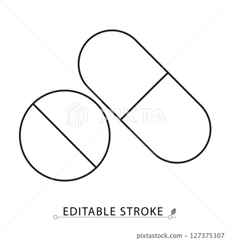 Pills icon in minimal line style with editable stroke. Medical tablet and capsule symbol, pharmaceutical element for healthcare visuals, drug treatment, prescription concept 127375307