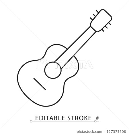 Guitar icon in minimal line style with editable stroke. Acoustic instrument, music symbol, string guitar for performance visuals, entertainment design, creative activity and sound production concept. 127375308