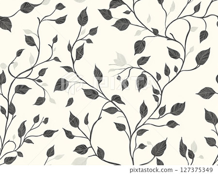 A seamless pattern featuring elegant black leaves and intertwining vines on a clean white background, creating a sophisticated botanical design. 127375349