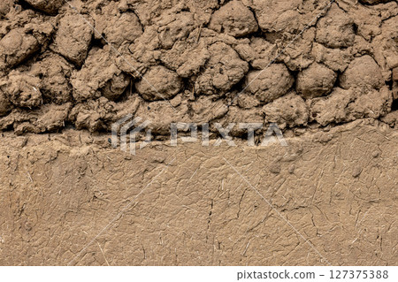 Rustic adobe wall texture partially plastered with same material Rustic adobe wall texture partially plastered with same material 127375388