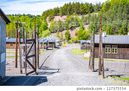 A solemn memorial in Lesetice, Czechia, honors victims of communism. The former prison complex features a tranquil landscape among wooden structures that evoke reflection. 127375554
