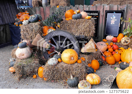 Traditional park decoration for Halloween with pumpkins Traditional park decoration for Halloween with pumpkins 127375622