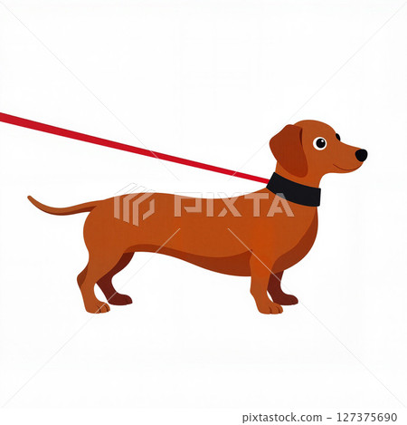Dachshund on a leash standing confidently against a white background, dog illustration 127375690