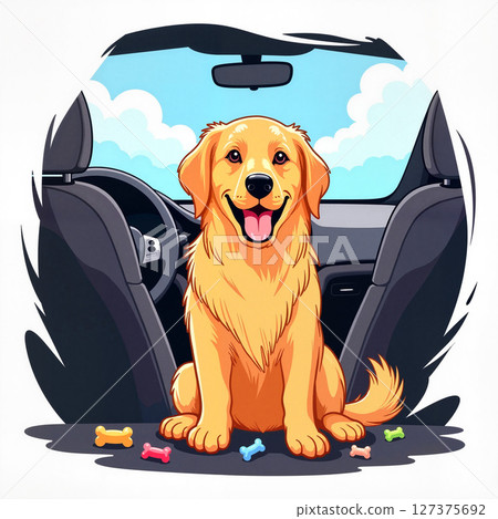 Cheerful golden retriever sitting in car, joy of travel 127375692