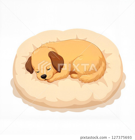 Fluffy dog peacefully sleeping on a cozy pillow, tranquility concept 127375693