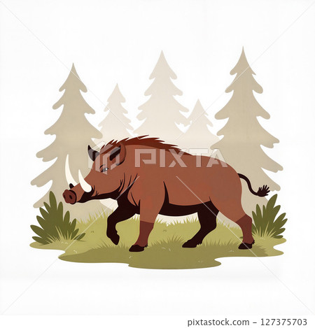 Wild boar walking in a stylized forest, nature illustration 127375703