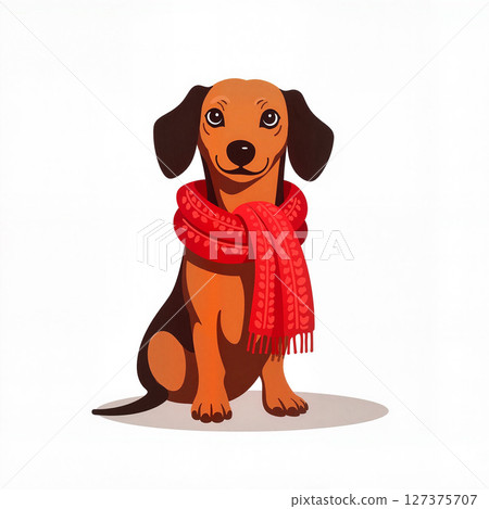 Dachshund wearing cozy red scarf, cheerful winter companion 127375707