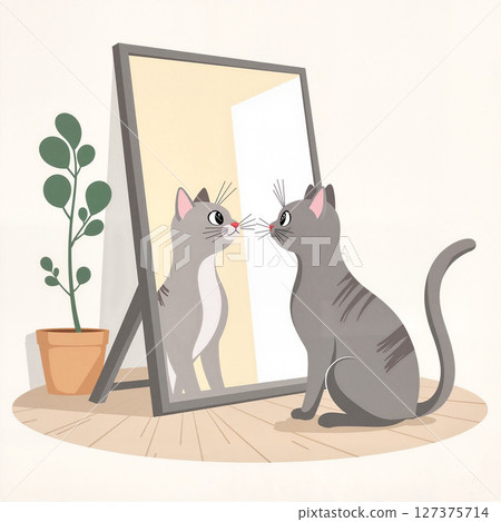 Curious cat observing its reflection in a mirror, feline intrigue 127375714
