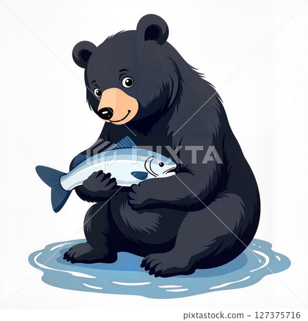 Cute black bear holding fish by clear stream, nature's bounty 127375716