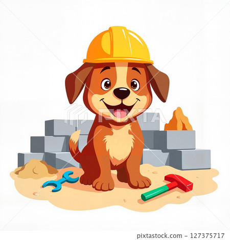Playful dog in construction gear at a site, fun and creativity 127375717