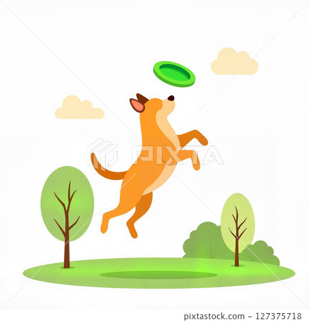 Playful dog jumping to catch green frisbee in sunny park, joy of play 127375718