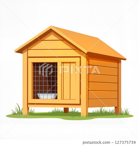 Cozy wooden rabbit hutch with green grass, pet home concept 127375739