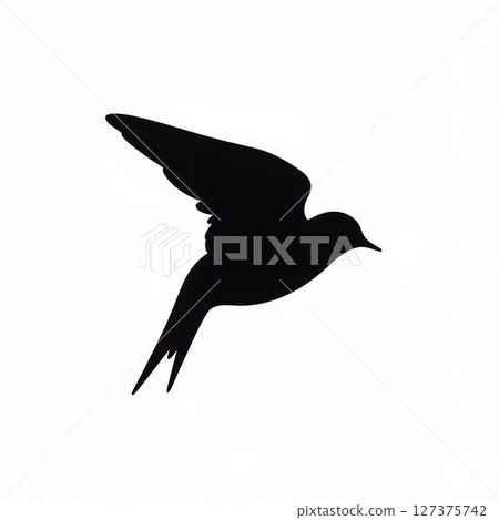 Sleek black swallow silhouette in flight against white backdrop, elegance 127375742