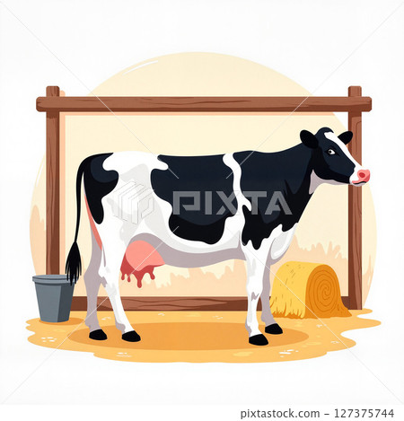 Calm black and white cow standing in barn, agricultural harmony 127375744