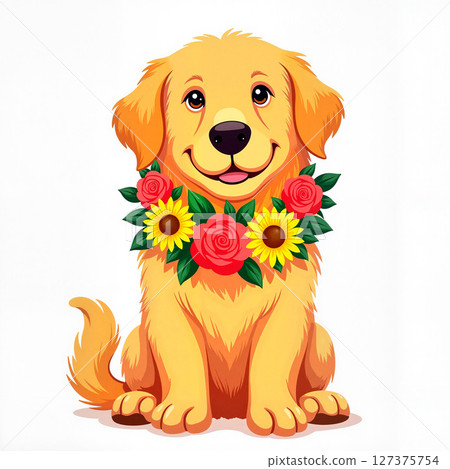 Fluffy golden retriever wearing flower garland, cheerful charm 127375754