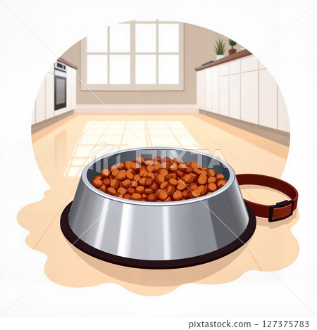 Sleek dog bowl filled with food in minimalistic kitchen setting, pet care Sleek dog bowl filled with food in minimalistic kitchen setting, pet care 127375783