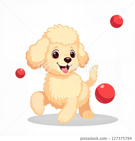 Playful poodle chasing red ball against white background, joy and fun 127375784