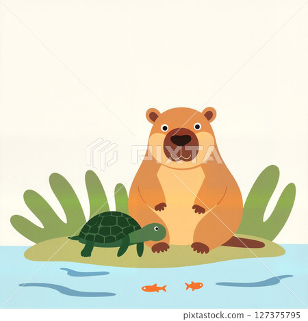Friendly capybara and turtle relaxing by river, harmony in nature 127375795