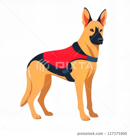 German shepherd in training vest standing on white background, focus 127375800
