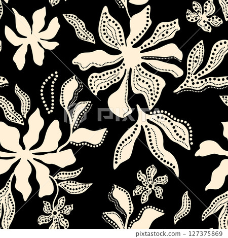 Black summer abstract tropical floral seamless pattern. Vector tropical design, textile, wallpaper, print 127375869
