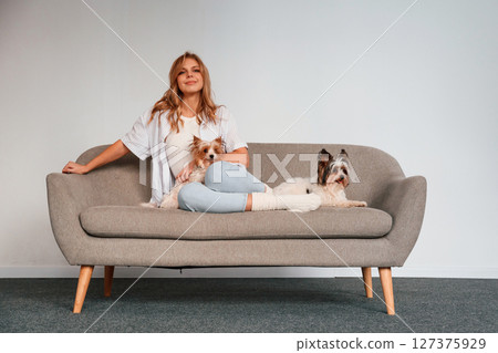 Front view. Woman is sitting on a sofa with two cute dogs Front view. Woman is sitting on a sofa with two cute dogs 127375929