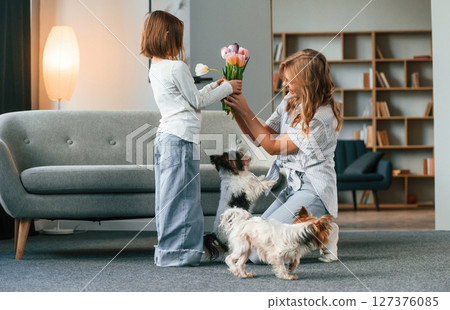With flowers. Mother with her daughter and with two cute dogs is in domestic room With flowers. Mother with her daughter and with two cute dogs is in domestic room 127376085