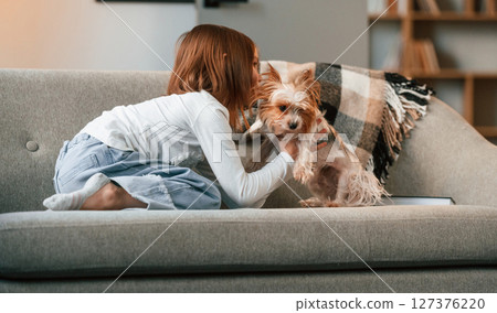 Playing on the sofa. Little girl is at home with cute dog Playing on the sofa. Little girl is at home with cute dog 127376220