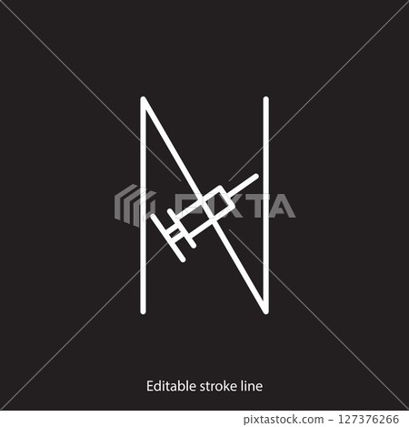 No syringe, hormones, antibiotic, drugs icon. No injection symbol. Vector stock illustration isolated on black background for design template medical, pharmacy, hospital. Editable stroke line No syringe, hormones, antibiotic, drugs icon. No injection symbol. Vector stock illustration isolated on black background for design template medical, pharmacy, hospital. Editable stroke line 127376266