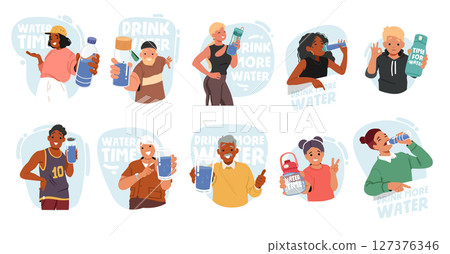 Diverse people characters of different age promoting drink more water cartoon scene isolated set Diverse people characters of different age promoting drink more water cartoon scene isolated set 127376346