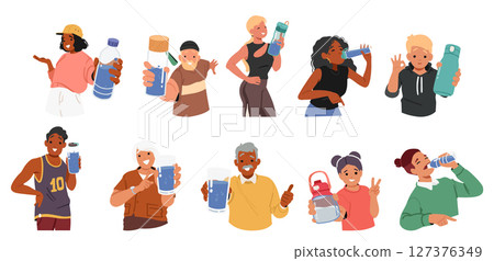 Diverse people characters with water bottle, drinking aqua, offering mineral liquid for refreshment 127376349