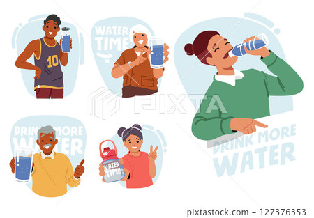 Dink more water promotion cartoon scene set with thirsty people boosting immunity with aqua 127376353