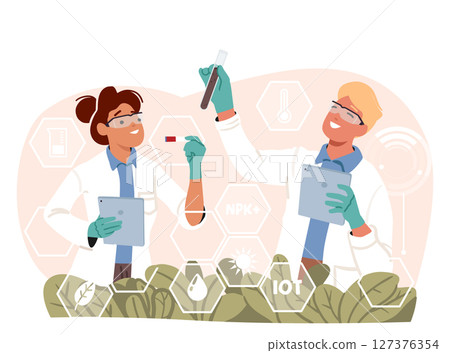 Biotechnology scientists cartoon characters focused on examining and testing new breed of vegetables 127376354