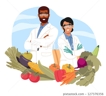 Team of agricultural scientist posing with natural organic vegetables and greenery harvest 127376356